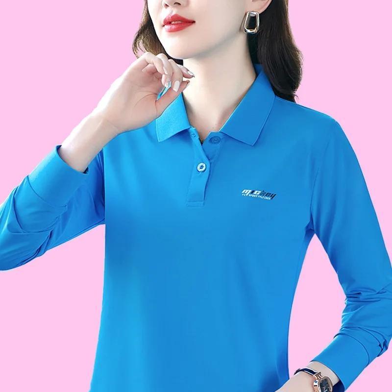 Fashionable Autumn Top Middle-aged Lapel T-shirt Polo Shirt New Long-sleeved T-shirt for Women Fashion Print
