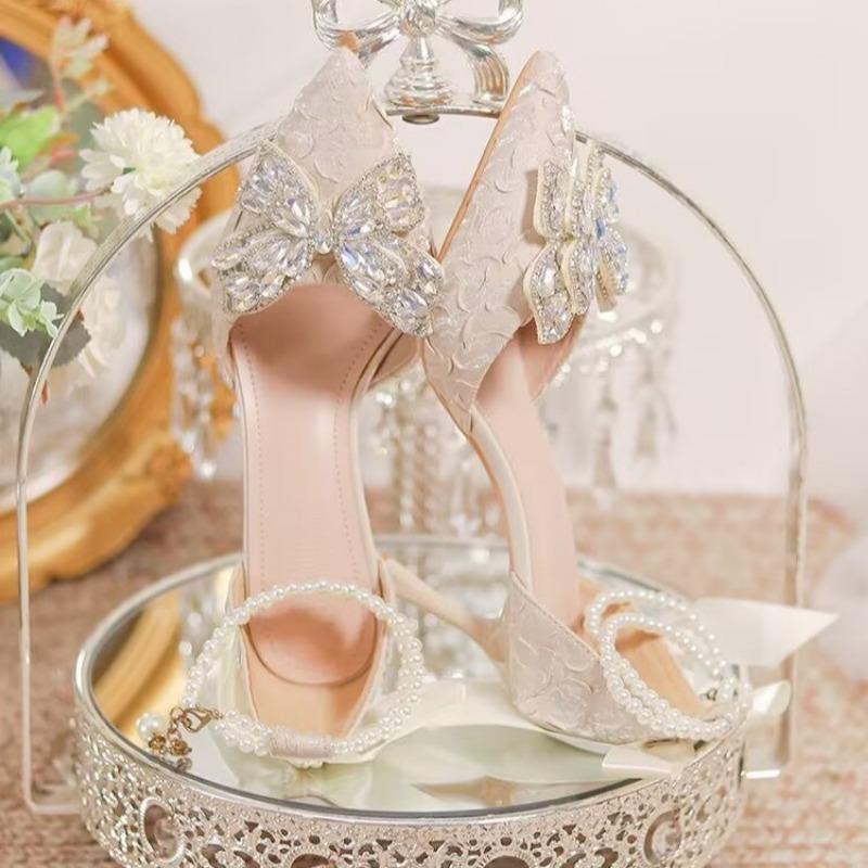 Fashion Autumn New Coarse Heel Single Shoes Women's Pointed Head Shallow Mouth Butterfly Knot Bead Non-slip Low Top Shoes