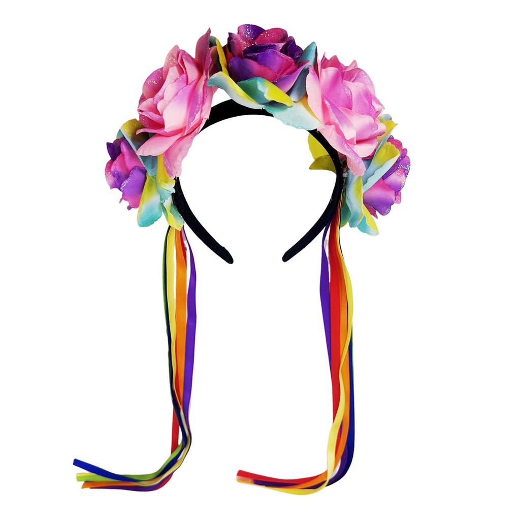 Floral Hairband Rainbow Rose Hair Hoop Halloween Decorative Tassels Role Play Costume Proms Party Live Show Headwear