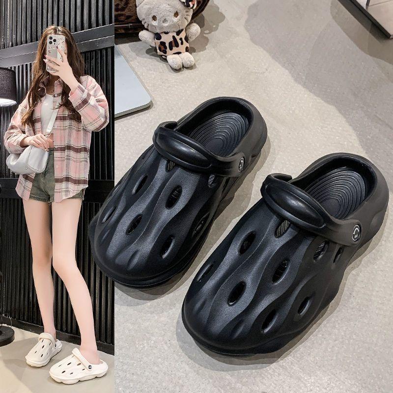 2025 Summer New Hole Shoes Women's Summer Wear Fashion Beach Platform Non-slip Sandals Bag Head Half Slippers Women