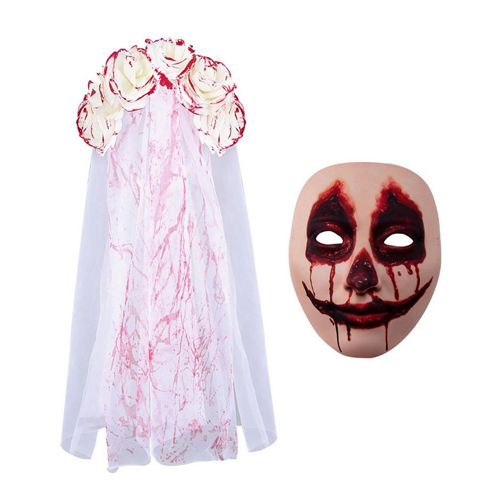 Adult Gothic Bride Halloween Costume Veil Flower Headband Bloody Hairhoop Dark Series Scary Ghost Bride Facemask Props