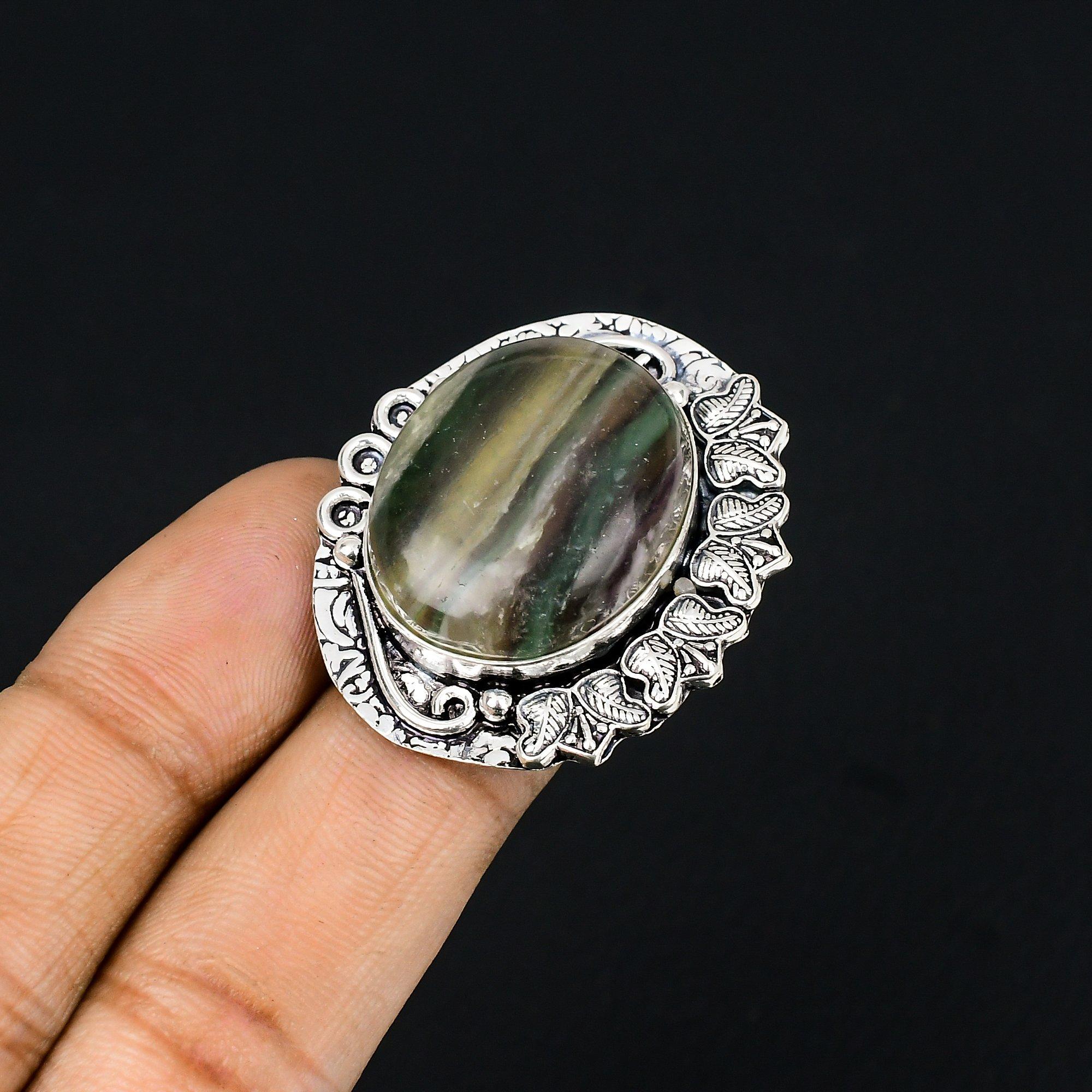 

Sterling Silver Oval Multi Fluorite Gemstone Statement New Ring Jewelry Size 7.5 7.5