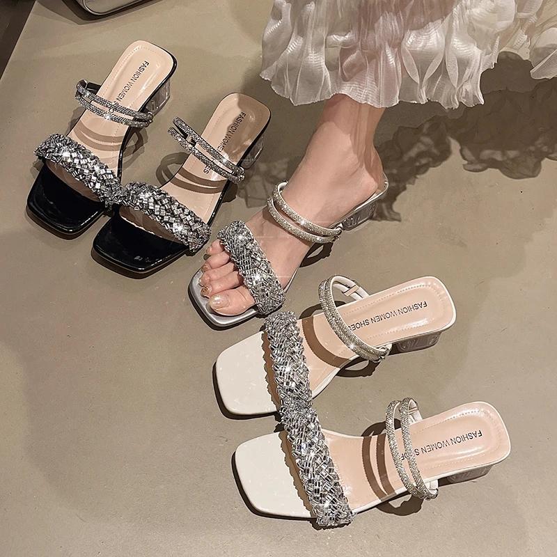 Shoes for Women 2025 New Summer Outdoor Large Size Women's Slippers Fashion Rhinestone Peep Toe Square Heel Modern Slippers