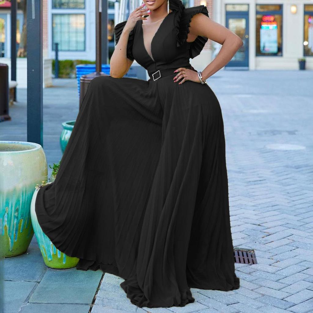 C8520P Belted Wide-Leg Deep V Pleated Jumpsuit - Plus Size European & American Style for Women