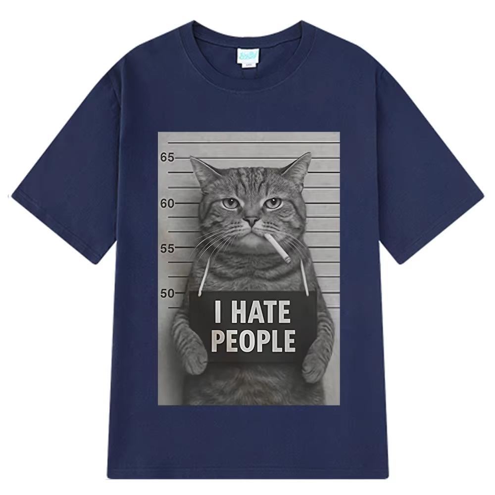 I Hate People Meow Print Tshirt Fun Cat Print T Shirts Men Women Loose Short Sleeve Clothing Harajuku Cotton Casual Tshirts