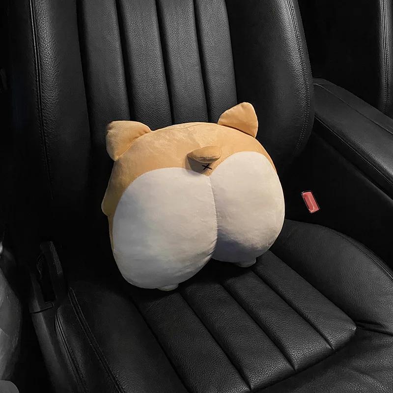 Plush Corgi Dog Butt Car Neck Pillow with Lumbar Support Cute Cartoon Dog Car Accessory Creative Travel Pillow Set