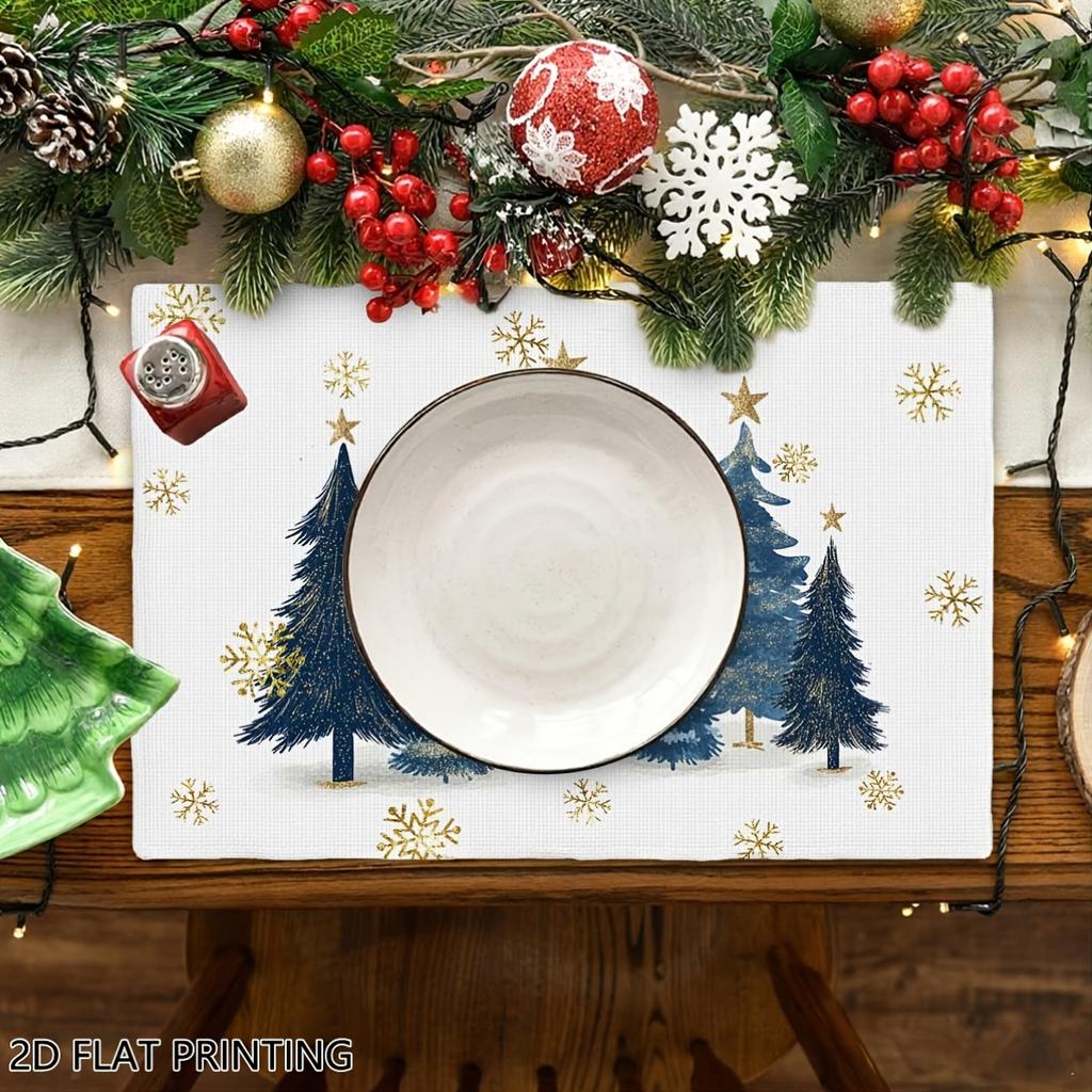 4pcs/6pcs Christmas Placemats for Dining Table, Navy Golden Xmas Trees Kitchen Table Mat, Coffee Mat, Home Decoration, Suitable for Daily Holiday Kitc
