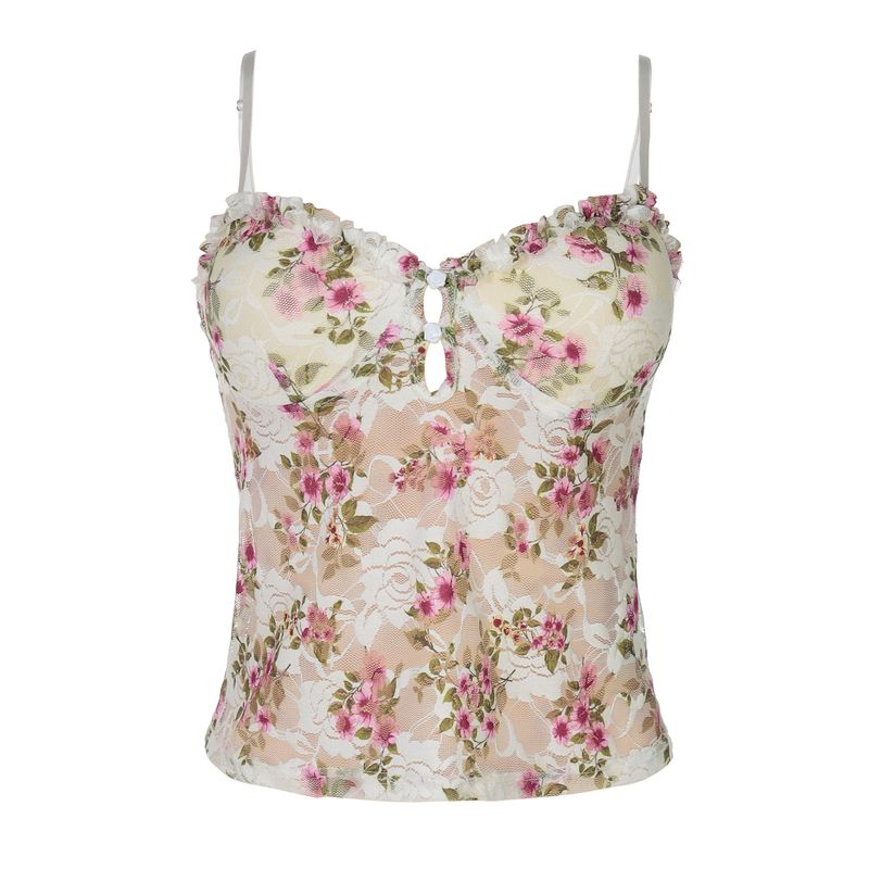 

Gusty Thai Island Vacation Style Floral Small Sling Vest Women s Pure Desire Sexy Lace Ribbon Chest Pad Tops Summer White S