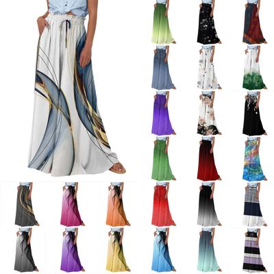 Women High Waisted Wide Leg Pants Summer Casual Flowy Palazzo Pants  Print Beach Trousers With Pocket
