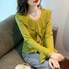 Elegant V-Neck Autumn Ruffle Shirt: Women's Retro Style with Stylish Bell Sleeves