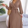 Fashion Soft Comfortable Spring Autumn Women Elegant V Neck Long Sleeve Pleated Maxi Dress Red Blue Casual Green Black Soild Color