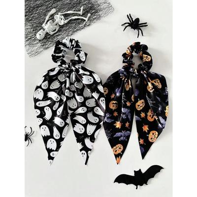Halloween Elements Ghost, Pumpkin Head Print Long Scrunchie, Ponytail Holder Hair Accessories, Suitable for Women Holiday Party Decorations