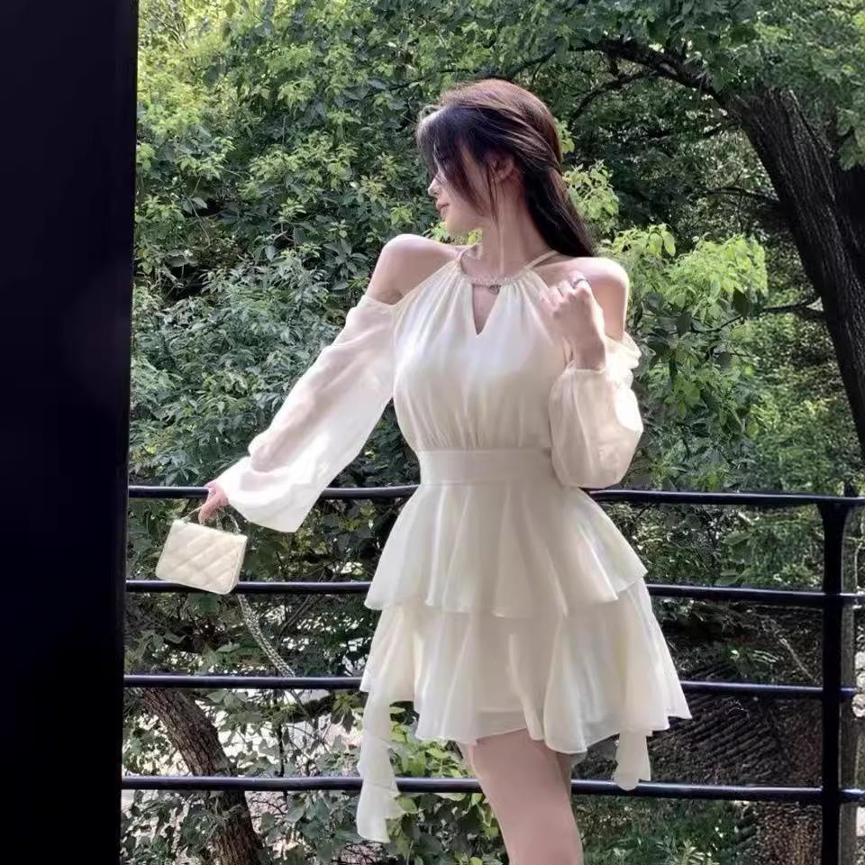 French temperament sexy off-the-shoulder neck ruffle edge waist chiffon dress women's summer new skirt