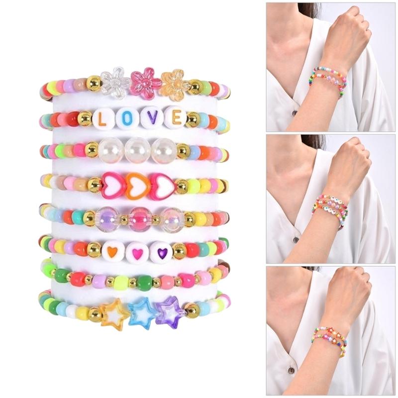 Pack of 8 Trendy Adjustable Bracelets Bohemian Beaded Jewelry with Love Charm Rainbow Colors Gift for Women and Girls