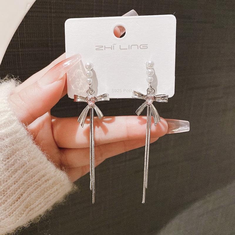 Pearl earrings New Trendy Autumn Women's Sterling Silver Temperament Bow Explosive Ear Hook Earrings