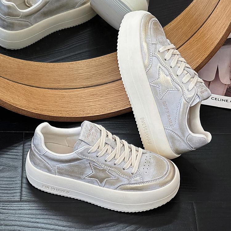 

Leather little white shoes women s new gold-polished old versatile women s shoes platform soft stars casual sports board shoes 40 серый