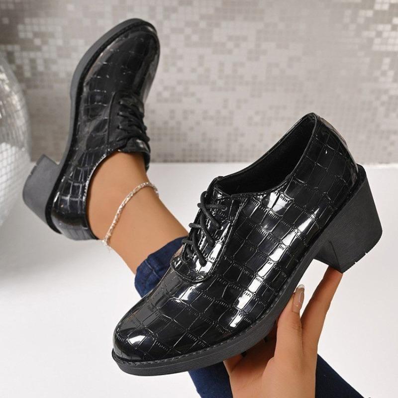 

Туфли-лоферы на шнуровке для женщин 2025 Весна Новые Британский стиль Платье Туфли на высоком каблуке Женские туфли-лодочки Лакированная кожа Танцевальные Одинарные туфли 36 чёрный