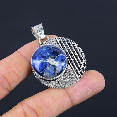 Pierre Sodalite Ronde Lunette Argent Sterling Chakra du Troisième Œil Nouveau Pendentif Bijou