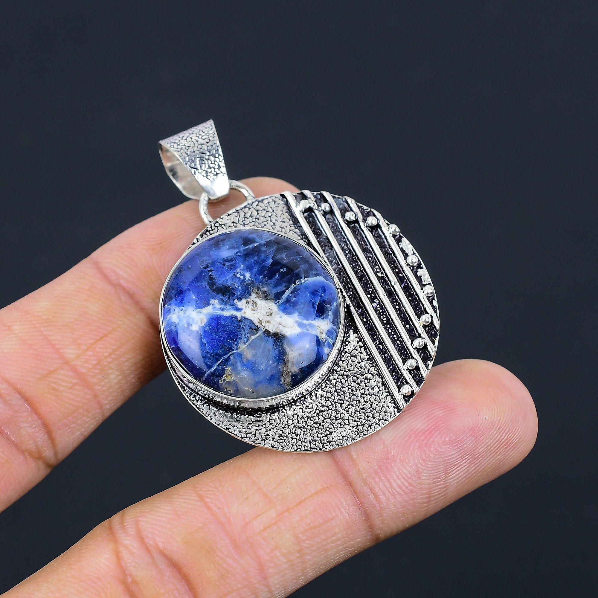

Round Sodalite Stone Sterling Silver Bezel Third Eye Chakra New Pendant Jewelry