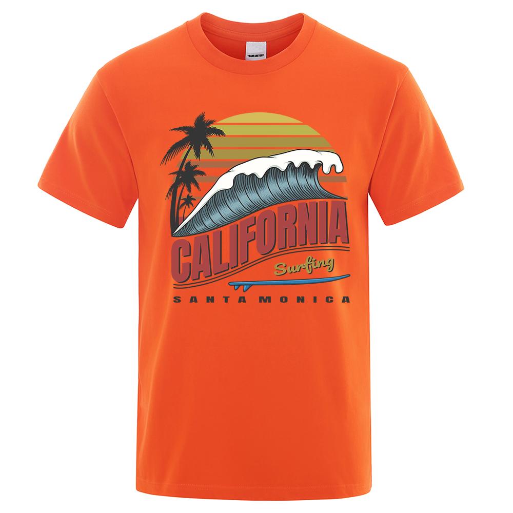California Surfing Santa Monica Beach Printed Clothes Men Breathable Oversize T-Shirt Summer Cotton Tee Clothes Crewneck T-Shirt