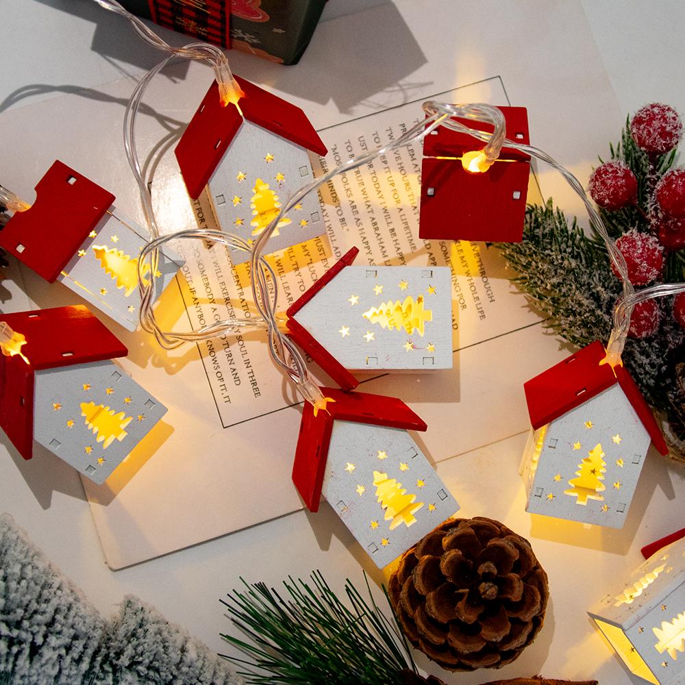 Cute Christmas Wooden House Shaped String Lights Wood House LED Fairy Lamp Xmas Tree Hanging Lights for Christmas Home Noel 2024
