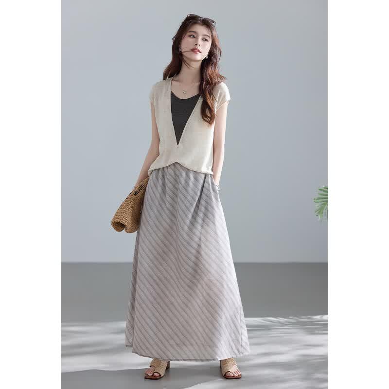 VICTORIA&VERA Faux Two-Piece Linen Blend Deep V-Neck Knit Top