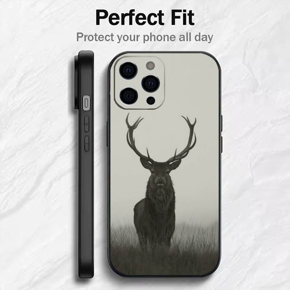 Glücklicher Hirsch Segne Dich Druck Handyhülle Für iPhone17,16,15,14,13,12 Plus,Max Weiches Silikon Schwarze Hülle