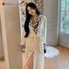 Autumn and winter warm island velvet good night bathrobe long sleeve leopard print highland barley collar loungewear medium and long pajamas 