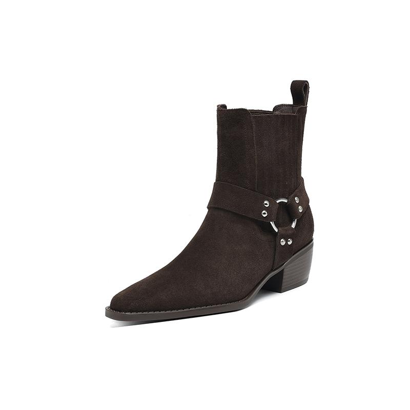 Fashion 2025 New Leather Shoes Women Genuine Square Toe High Heel Ankle Boots Thick Square Heel Slip on Western Boots Cowboy Boots Women