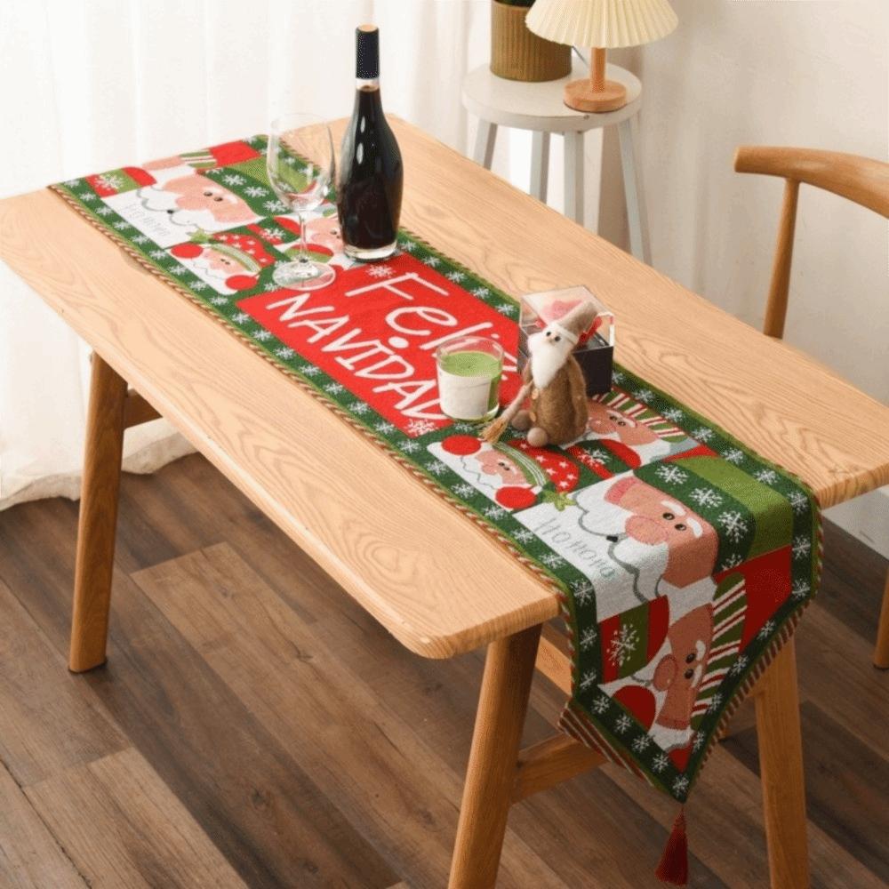 Tassel Christmas Table Runner Long Snowman Printed Table Cover Knitted Cloth Rectangle Tablecloth Festival Party Supplies