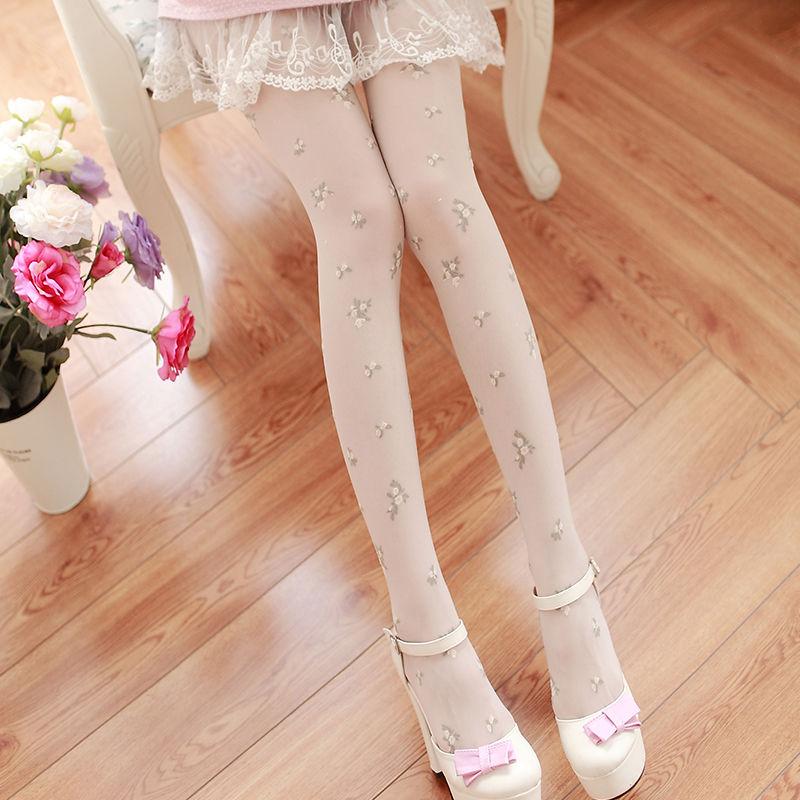 Spring-Summer Japanese Style Floral Pantyhose - Fresh Style Vintage White Sheer Stockings for Women