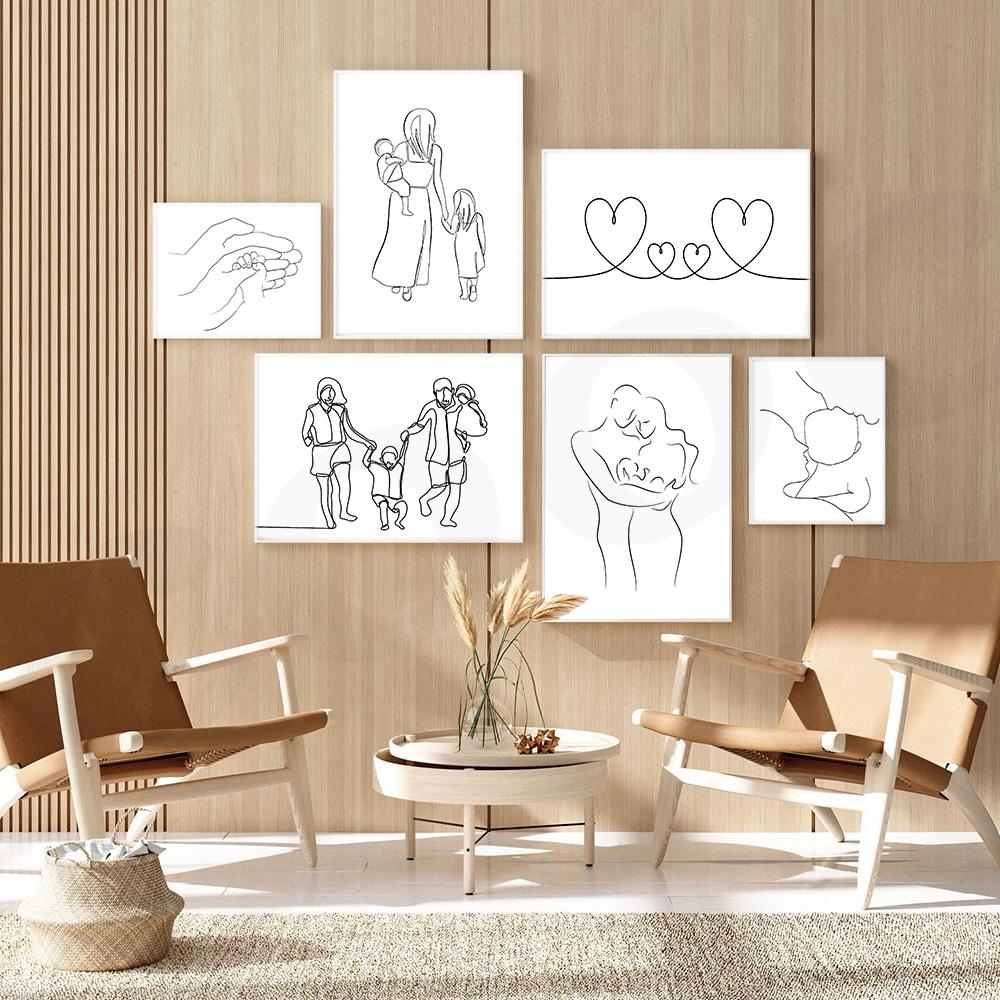 Family Together Line Draw Art Painting Modern Canvas Poster Print Minimalist Wall Art Pictures for Living Room Home Decor