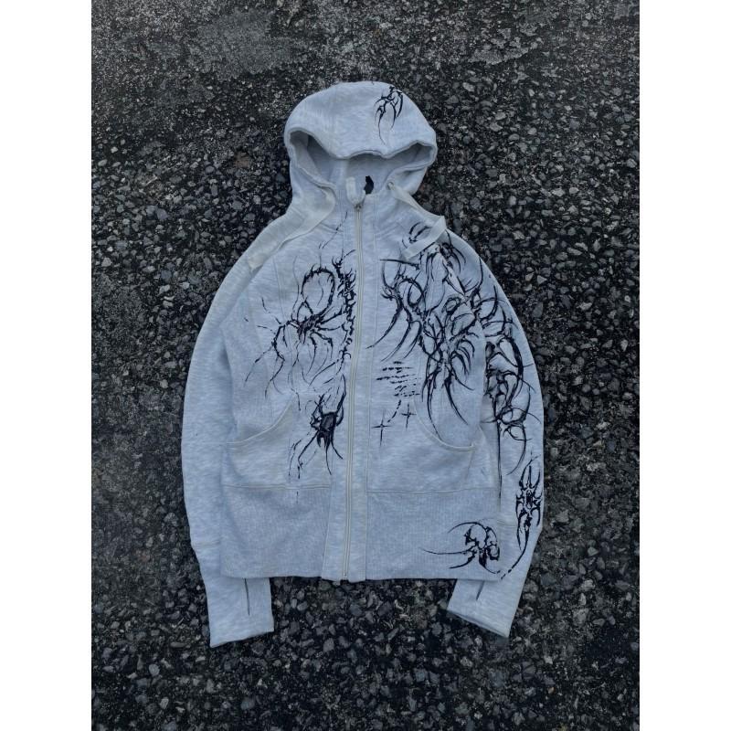 Y2K Streetwear Hooded Zip-Up Sweatshirt Women Loose Fit Geometric Print Long Sleeve 2026