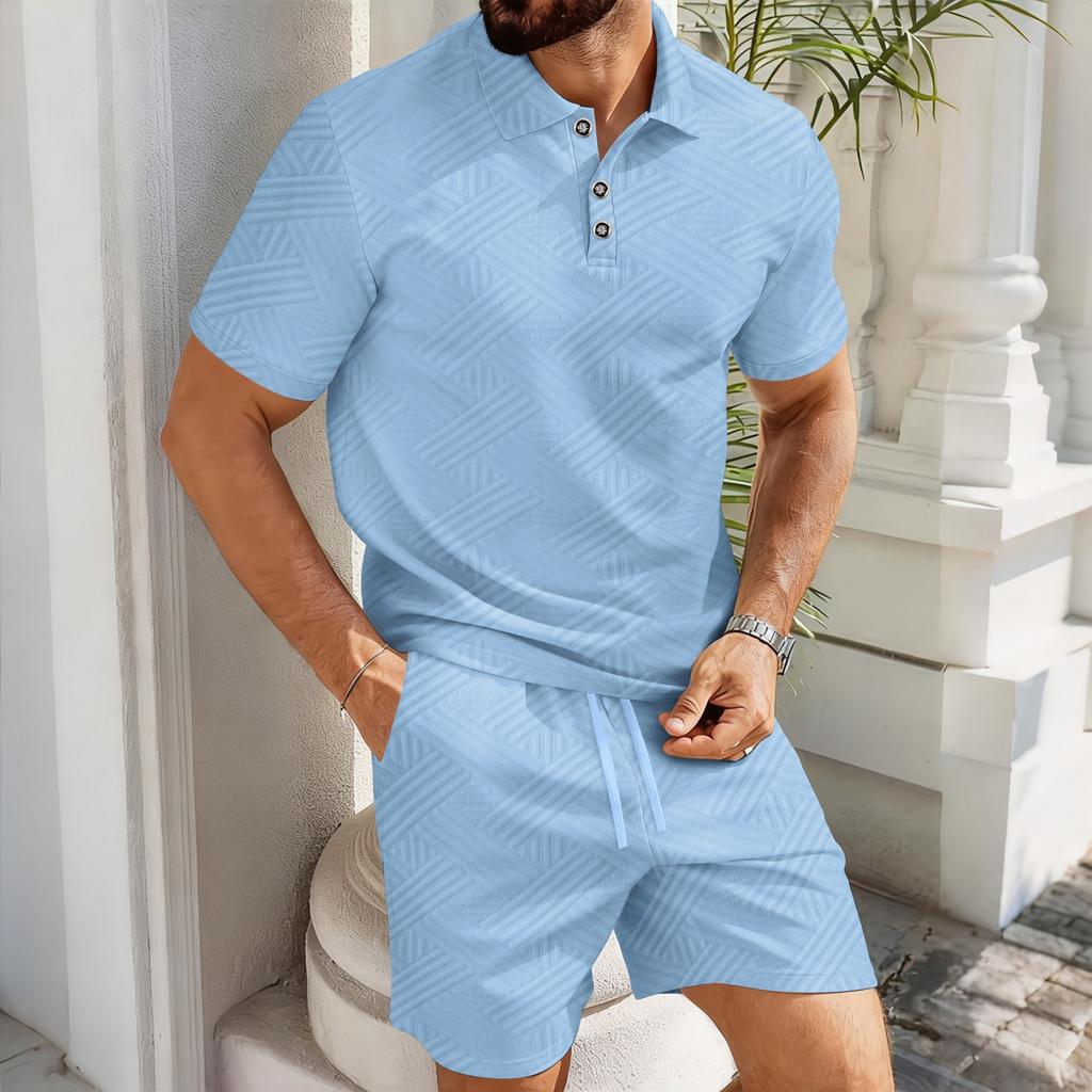 Men's Stylish Casual Collarless Short-sleeved Shirt - Men's Short-sleeved Top And Shorts Two-piece Set