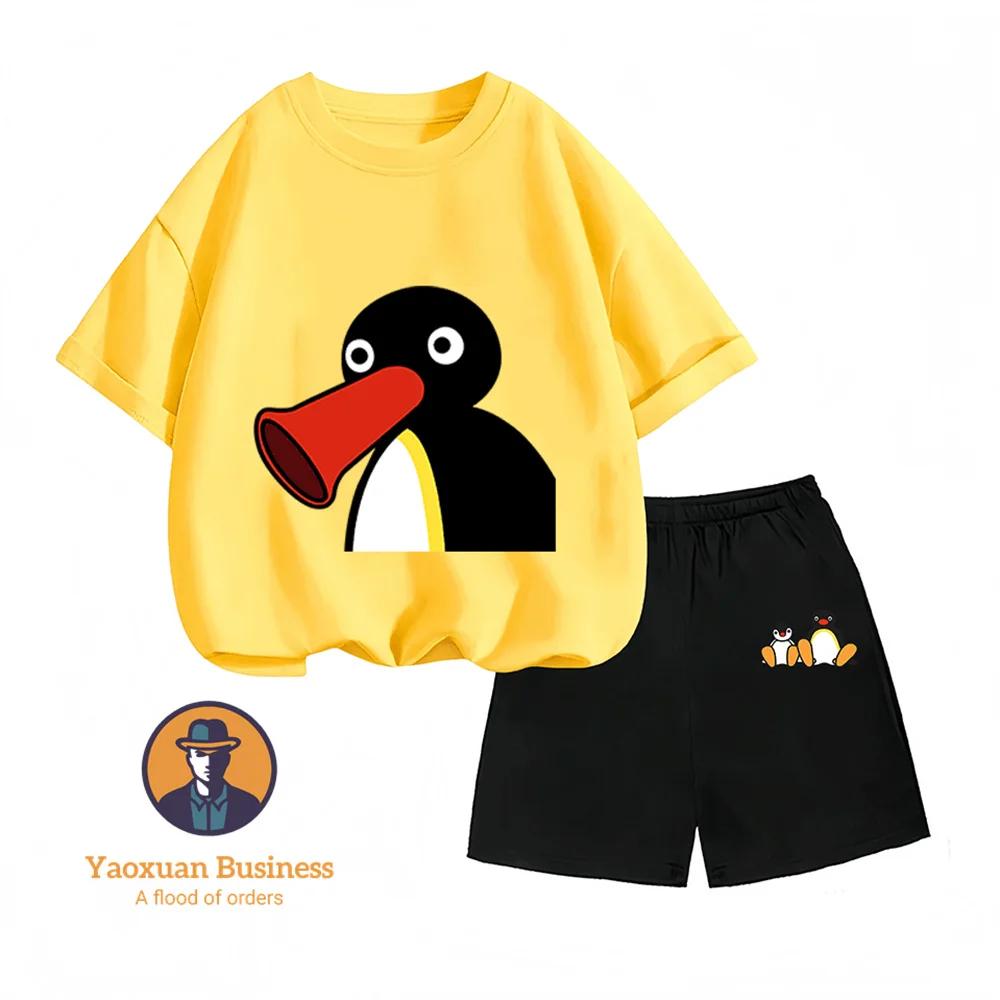 Children s Two-Piece Set PINGU Cartoon Print Summer Fashion Hot Sale Boys and Girls 100