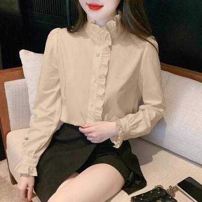 Women's Spring/Autumn French White Blouse | Long-Sleeve Elegant Court Style Shirt with Chic Ruffled Trim