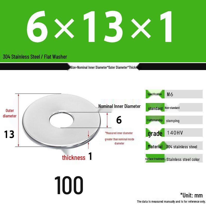 304 Stainless Steel Thickened Flat Washer Set, Sizes 2-36