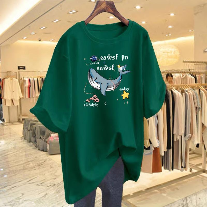 New whale print cotton casual short-sleeved loose top summer cartoon pattern t-shirt women