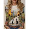 Artistic Landscape Painting Pattern, Slim Fit, Casual Round Neck, Long Sleeves, Everyday Creative Oil Painting Design Pattern.