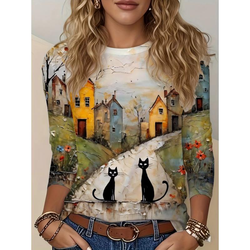 Artistic Landscape Painting Pattern, Slim Fit, Casual Round Neck, Long Sleeves, Everyday Creative Oil Painting Design Pattern.