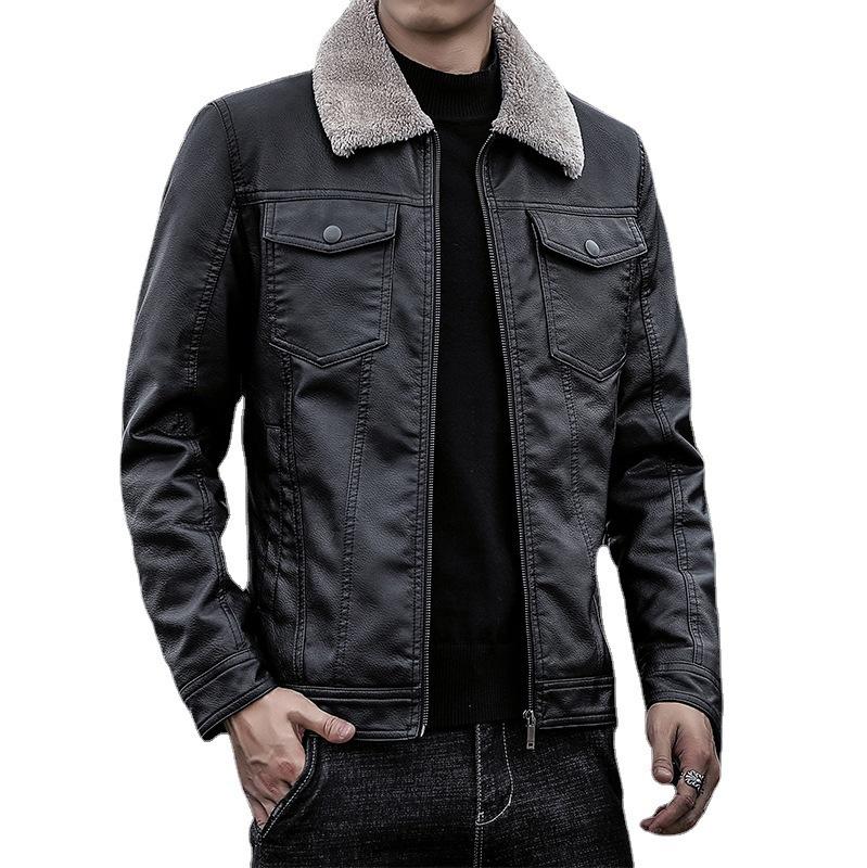New leather jacket men's fur integrated pu leather jacket locomotive lapel men's fleece thickened leather jacket slim fit