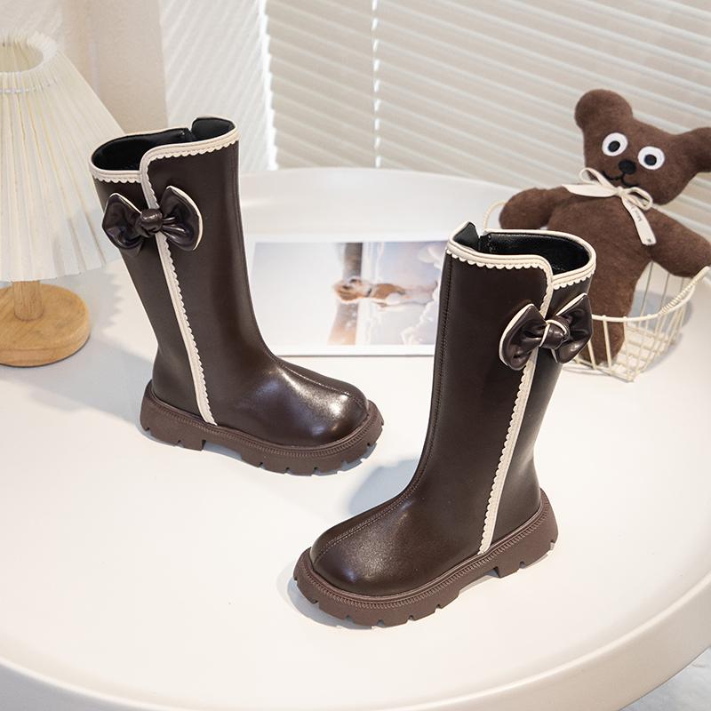 School Shoes for Girls Boots Autumn Kids Princess Leather Boots with Cute Bow Soft Sole Simple Christmas Party Boots