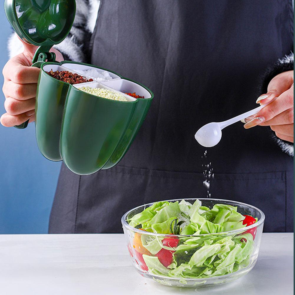 Zásobník na koření 4 v 1 se lžičkou na pepř a koření Plastová dóza Kreativní dóza na grilování ve tvaru chilli a koření do kuchyně