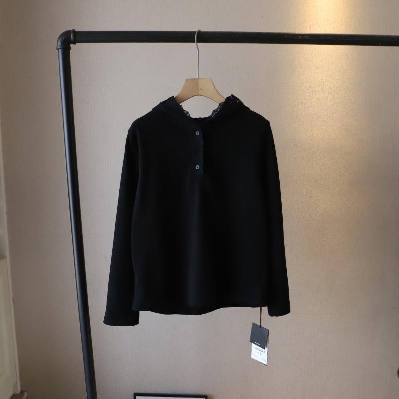 

Женская футболка с капюшоном в корейском стиле, повседневная, свободного кроя, с длинным рукавом, с кружевными вставками One Size чёрный