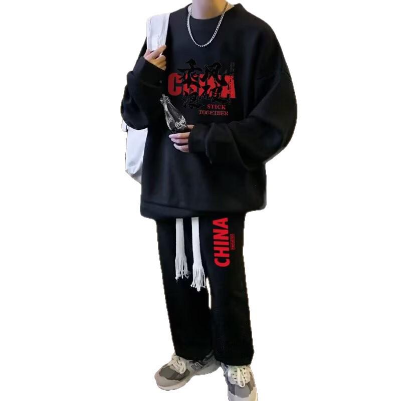 Harajuku Trendy Men's Sporty Casual Set: Fashionable Creative Design with Loose Hoodie and Pants.