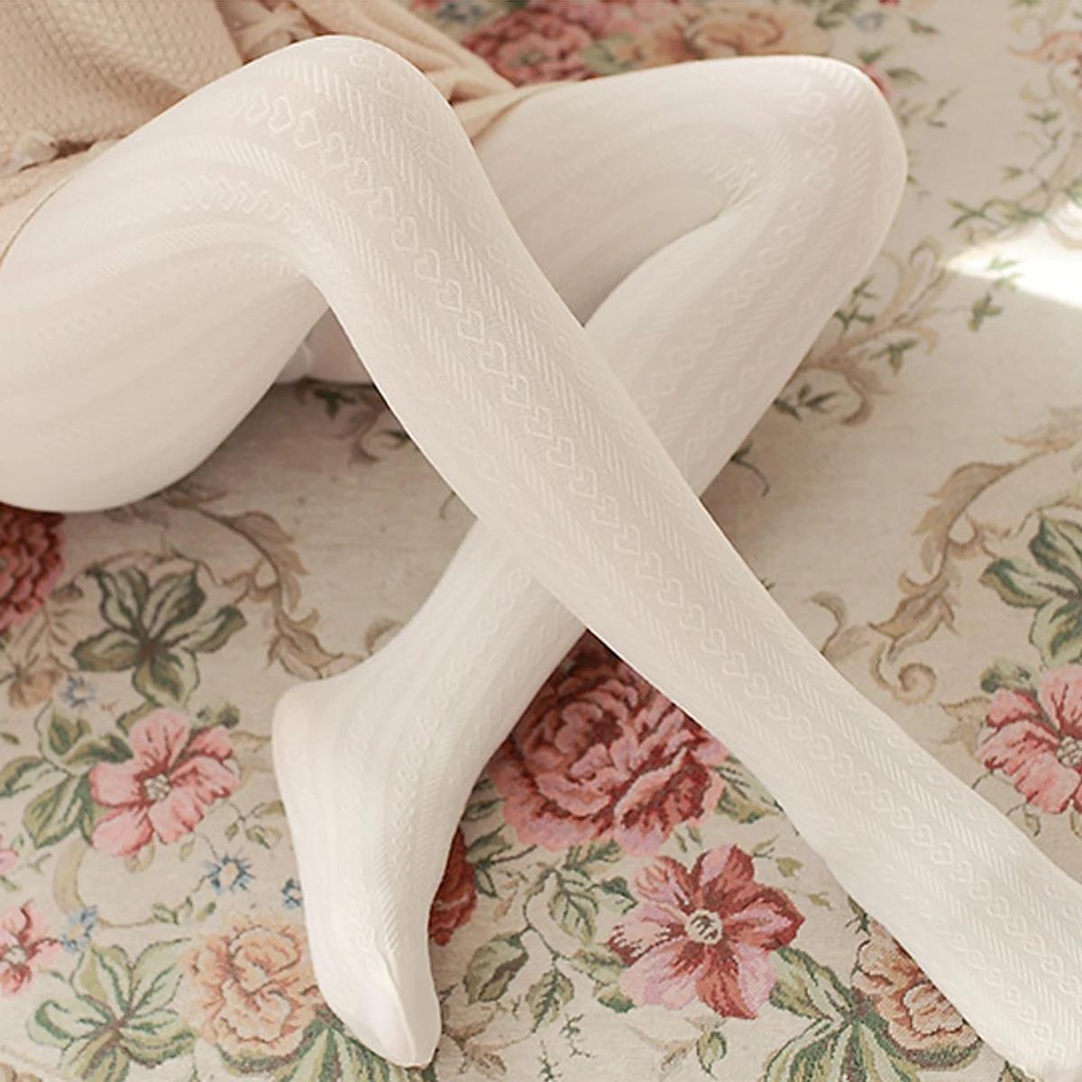 1 Pair Of Soft And Comfortable Heart Shaped Pantyhose Velvet Dance Socks Striped Pantyhose White Comfortable Pantyhose One Size