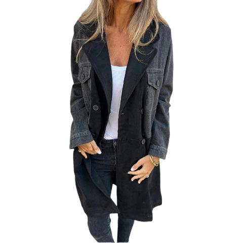 Women's Notched Lapel Long Sleeve Denim Jacket Loose Fit Streetwear Trench Coat