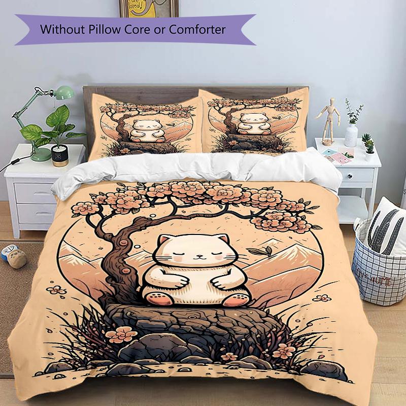 3pcs Japanese Lucky Cat Design Quilt Cover Set (1 Quilt Cover + 2 Pillowcases Without Pillow Core), High-Definition Printing for Home and Dormito 135x200cm
