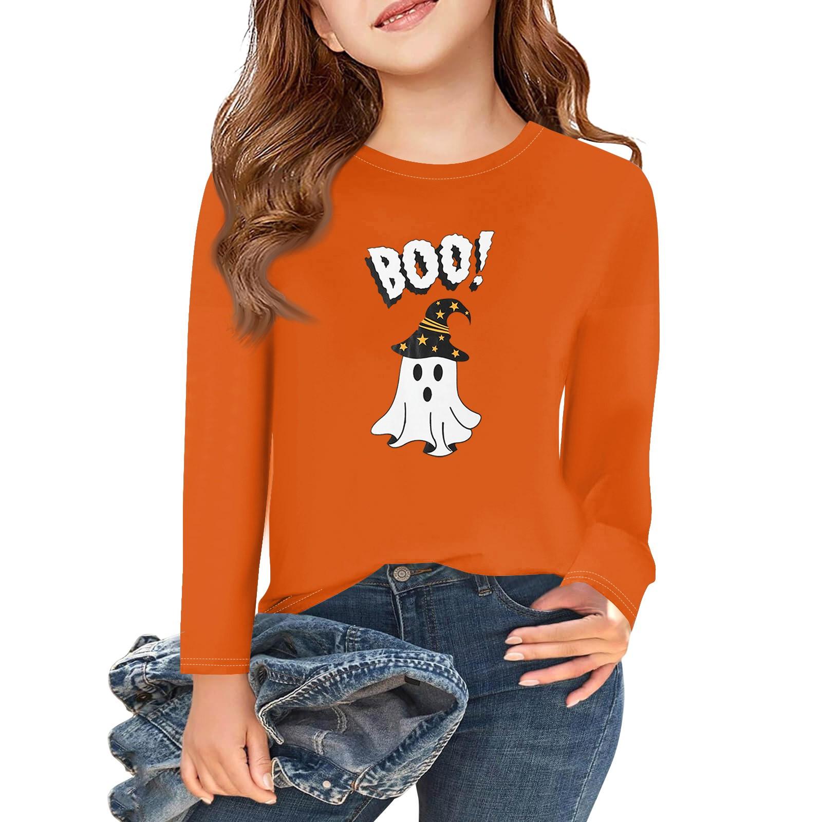 

Футболки с длинным рукавом для девочек на Хэллоуин, детские осенние топы с круглым вырезом, базовые футболки 2-11 лет 120 бежевый