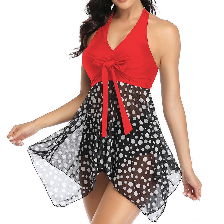 Damenmode Plus Size Cross Tie Mesh Rock Split Bikini Blumendruck Badeanzug